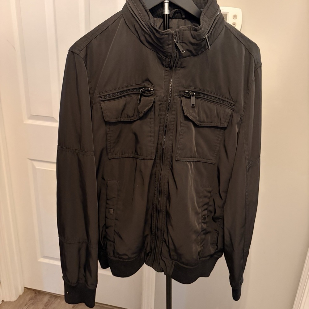 DKNY Men's Performance Four-Pocket Hooded Bomber Jacket Black MD DK9WP331 EUC